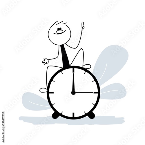 Stick man is sitting on the clock, time management concept cartoon vector illustration
