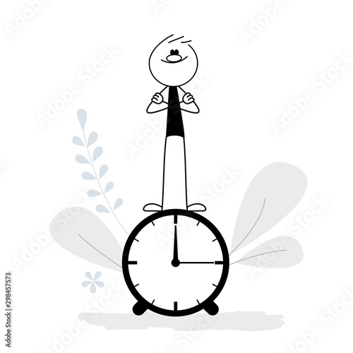 Stick man standing on the clock, time management concept cartoon vector illustration 