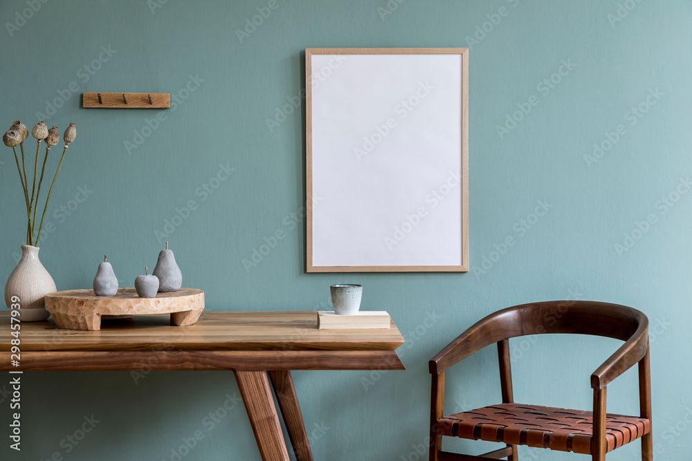 Stylish scandinavian dining room interior with mock up poster frame, wooden table, furniture, cup of coffee, flowers , cement fruits and elegant accessories. Ready to use. Template. Modern home decor. - obrazy, fototapety, plakaty 