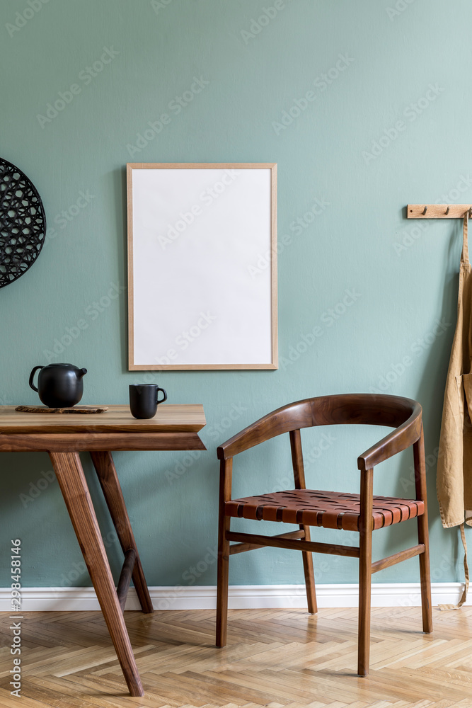 Stylish scandinavian dining room interior with mock up poster frame, wooden table, furniture, teapot with cups, black decoration and elegant accessories. Ready to use. Template. Modern home decor. - obrazy, fototapety, plakaty 
