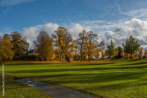 Autumn view at a park on the Drottningholm island in Stockholm with ponds and colour full trees