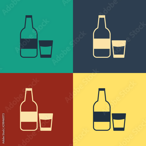 Color Closed glass bottle with milk and glass icon isolated on color background. Vintage style drawing. Vector Illustration