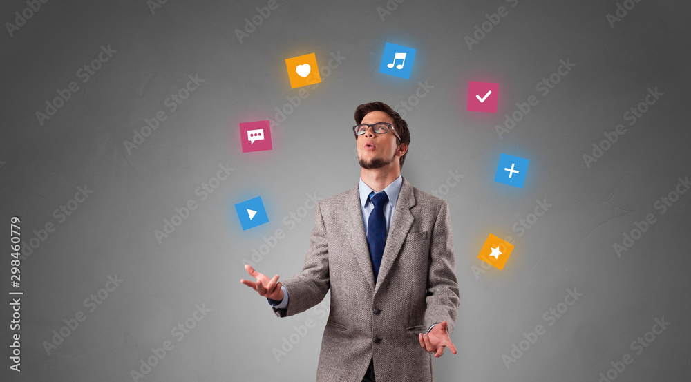 Young person juggle with application icons Young person juggle with application icons