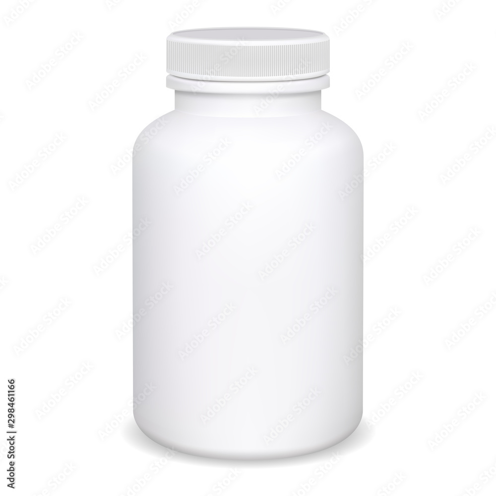 Supplement bottle. Pill container mockup. White medical jar blank isolated  template. Vitamin or aspirin capsule box design. Pharmaceutical remedy drug  plastic packaging. Health care cure with lid Stock Vector