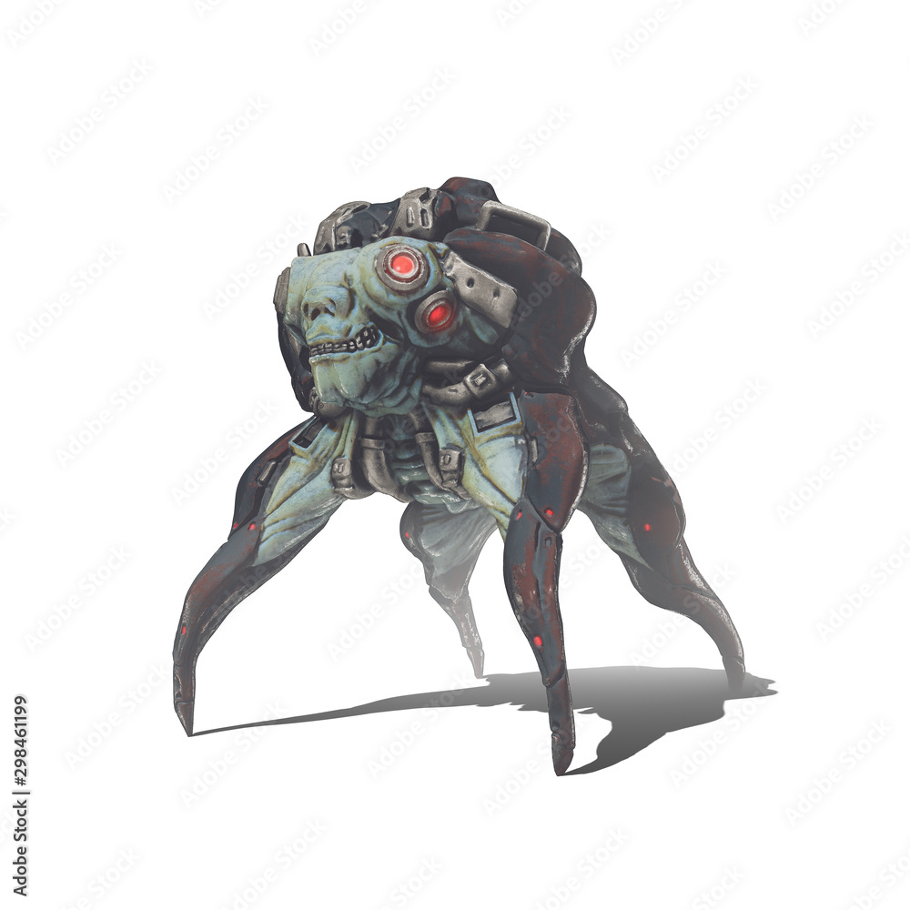 3d illustration of cyberpunk creature with red eyes isolated on white  background. Scary monster. Concept art of a futuristic post apocalypse  mutant in metal armor. Cyber technology. Digital painting. Stock  Illustration |