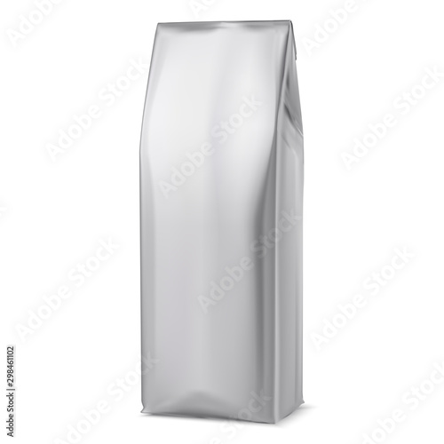 Coffee bag mockup. White foil package. 3d pouch mock up design template. Realistic powder beverage paper box. Gray tea sack. Dry drink silver packet. Snack or biscuit product container