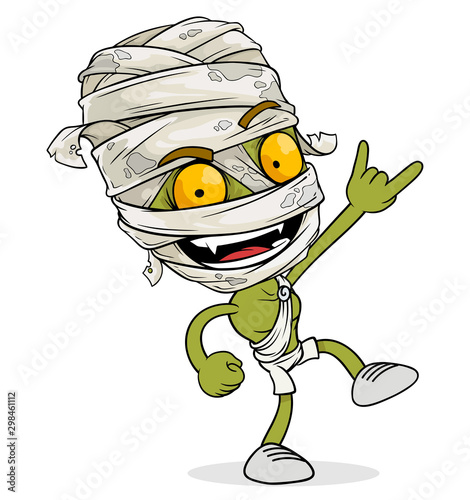 Cartoon funny happy green egyptian rock and roll mummy boy character with bandage. Layered EPS ready for animations. Isolated on white background. Halloween Vector icon.