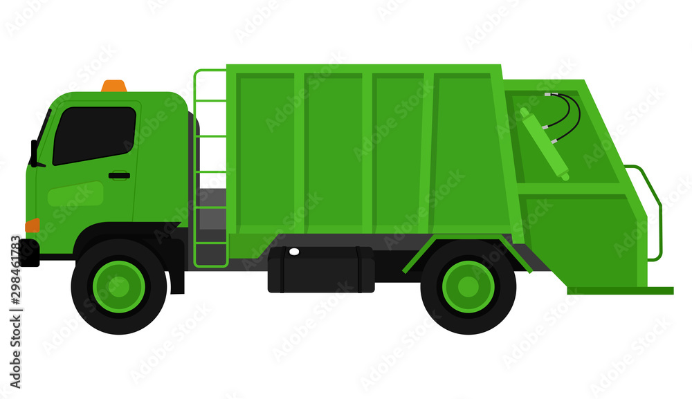 A green garbage truck on a white background.