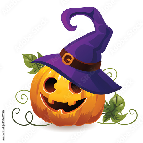 Halloween pumpkin in a witch hat. Cartoon style. Isolated illustration on a white background..