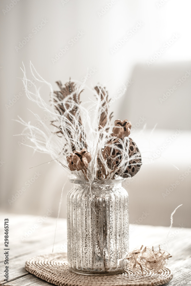 Still life beautiful vase with dried flowers .