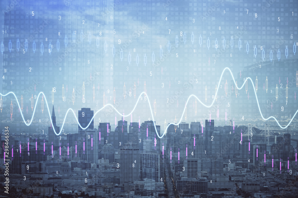 Naklejka premium Forex graph on city view with skyscrapers background multi exposure. Financial analysis concept.
