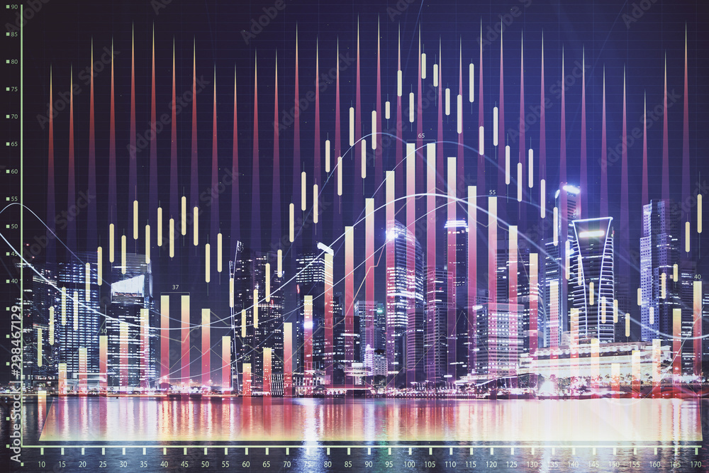 Financial chart on city scape with tall buildings background multi exposure. Analysis concept. Financial chart on city scape with tall buildings background multi exposure. Analysis concept.