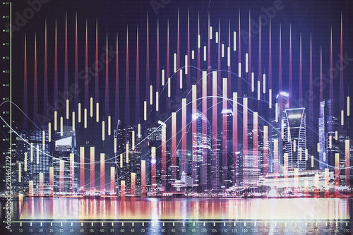 Financial chart on city scape with tall buildings background multi exposure. Analysis concept.
