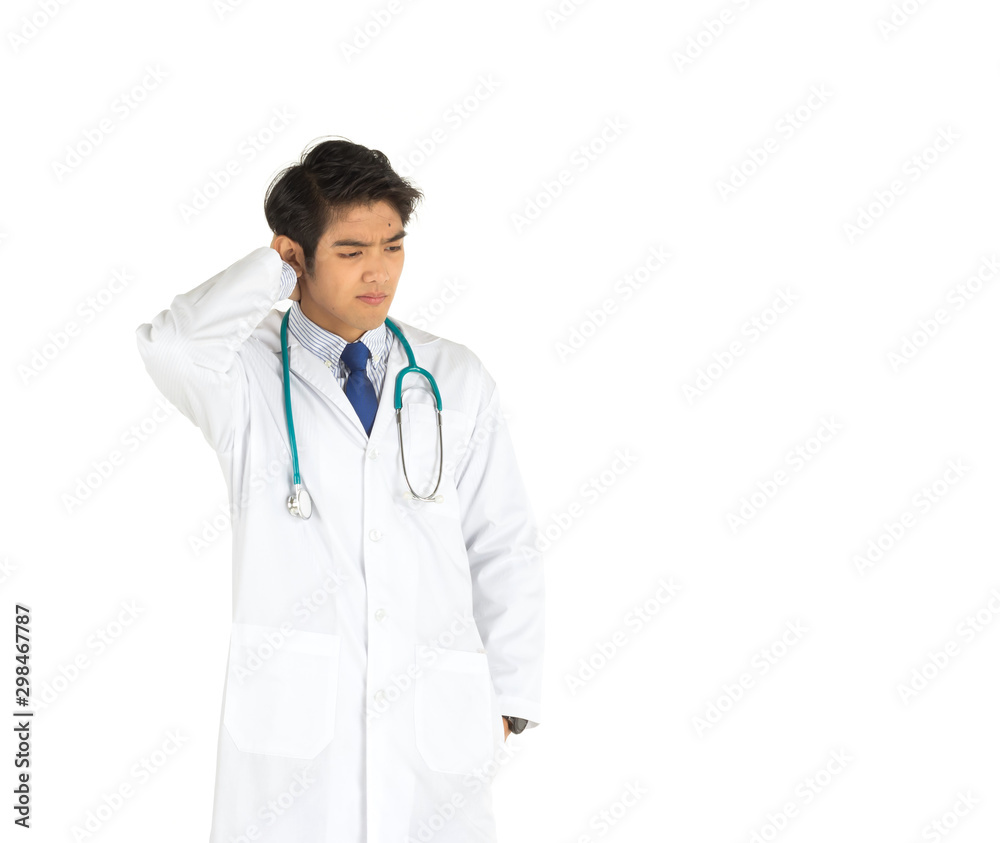 A young Asian doctor is stressed on a white background. A young Asian doctor is stressed on a white background.