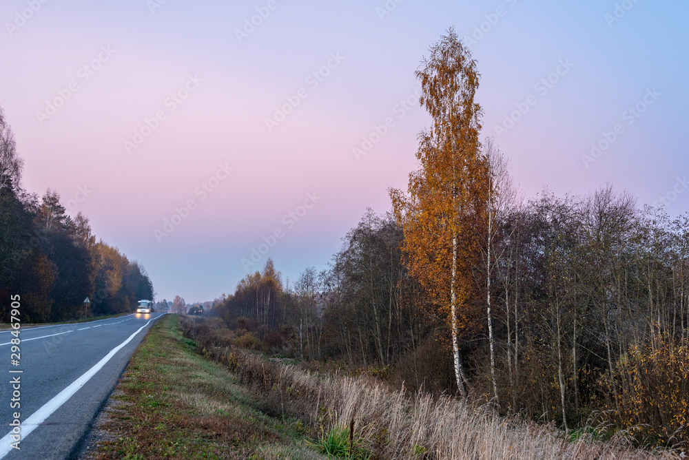 Suburban road goes into the distance at sunset Suburban road goes into the distance at sunset