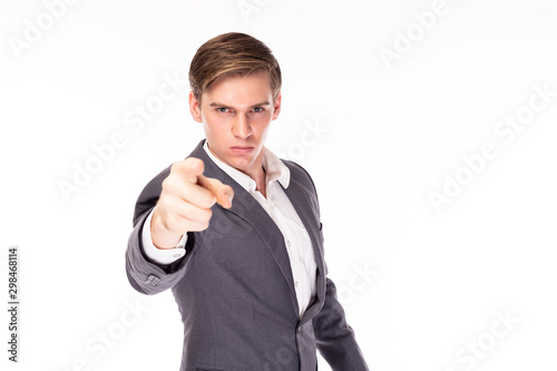 Boss is so bossy. Businessman likes to tell other employees, henchman what to do. He is domineering everyone. Big boss is very controlling. Handsome ceo businessmen command, point finger to employee photo