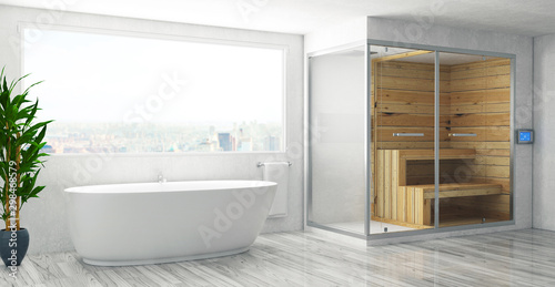 Modern bathroom with bathtu...