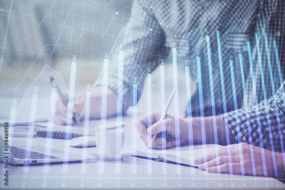 Multi exposure of forex chart with man working on computer on background. Concept of market analysis. Multi exposure of forex chart with man working on computer on background. Concept of market analysis.