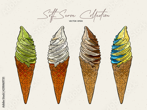 Soft serve ice-cream collection. Hand draw sketch vector.