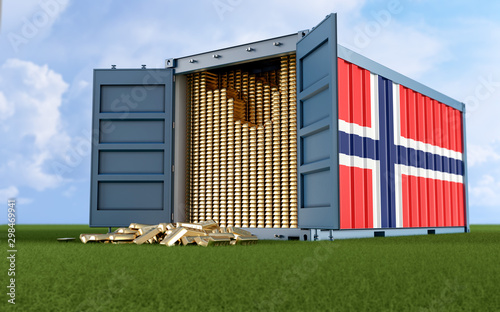 Freight Container with Norway flag filled with Gold bars. Some Gold bars scattered on the ground - 3D Rendering