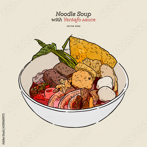 yen ta fo, rice noodles in pink soup, thai cuisine, hannd draw sketch vector.