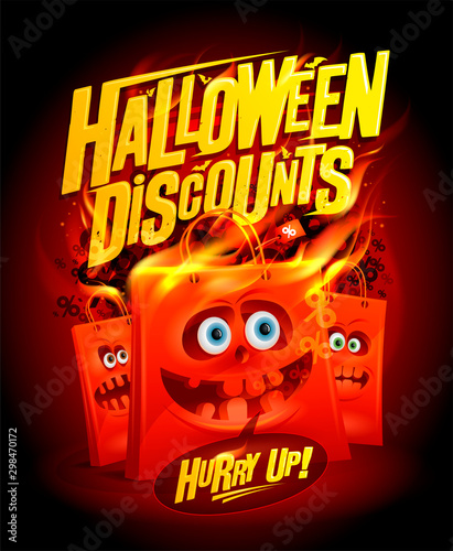 Halloween discounts sale banner design concept with paper bags