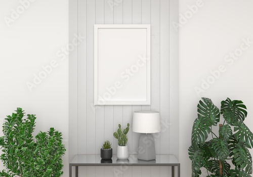 Mockup blank photo frame in modern living room, 3D render, 3D illustration