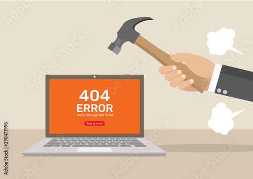 Cartoon, Businessman hand upset smashed computer.