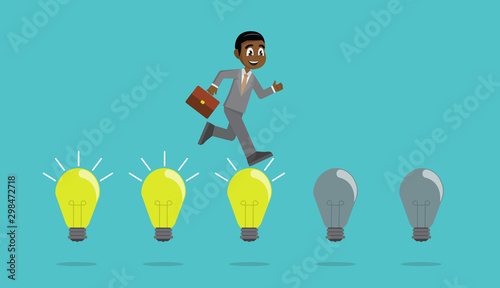 African Businessman jump on light bulbs.