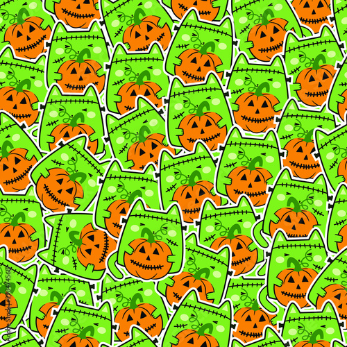 Seamless pattern in kawaii cute cat costume for Halloween. Cartoon Animals Background, Vector Illustration