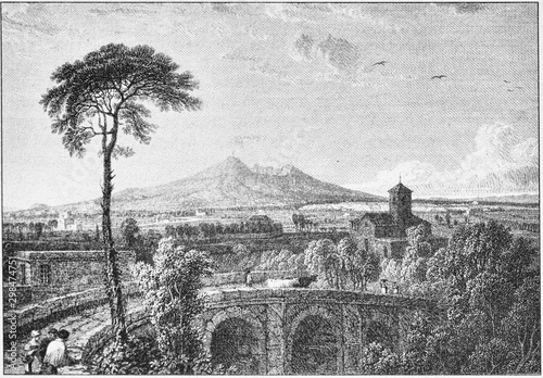 Canvas Print engraving of Vesuvius smoking in the Gulf of Naples, Author of the archaeologist