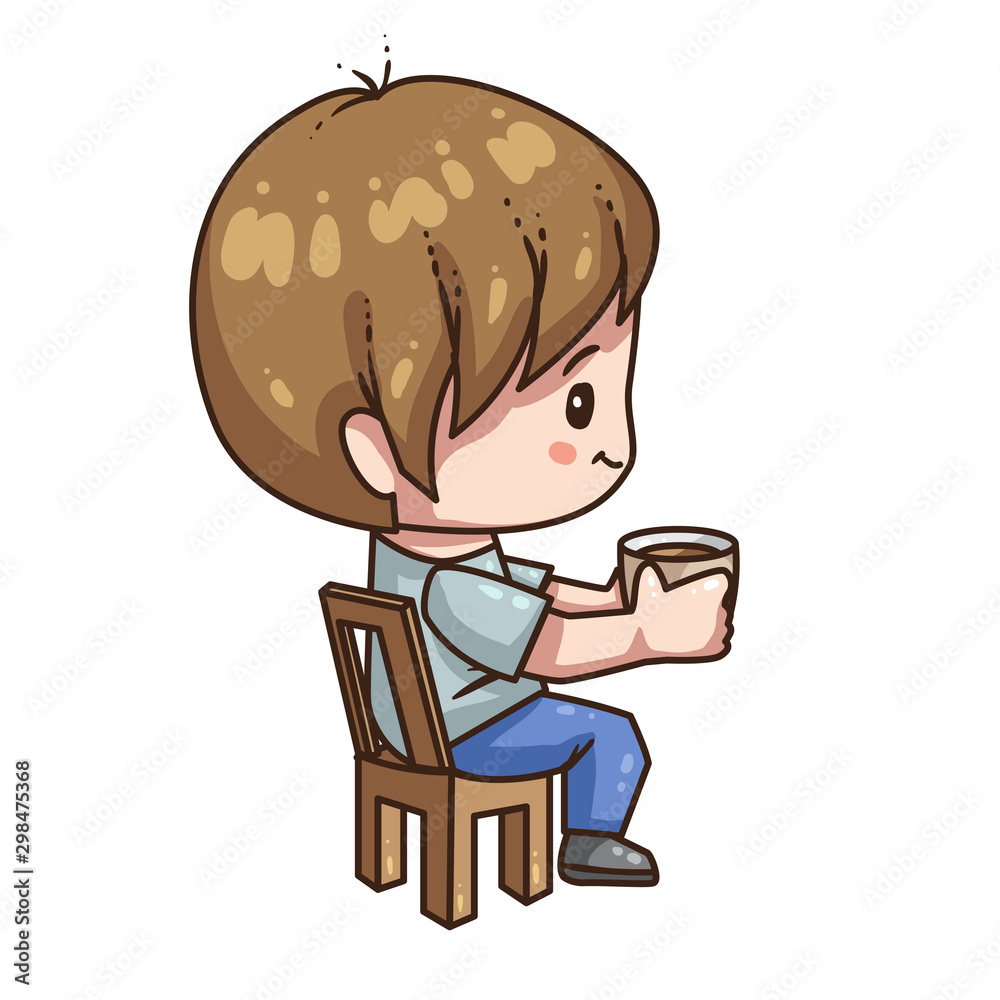 Vector illustration of cute chibi character. Cartoon boy hold cup of tea or coffee in his hand. Vector illustration of cute chibi character. Cartoon boy hold cup of tea or coffee in his hand.