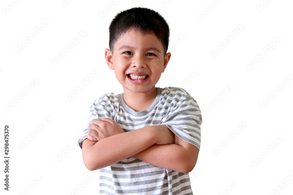 Cute Asian child happy face smiling with crossed arms isolated on white background. Happy childhood concept. Cute Asian child happy face smiling with crossed arms isolated on white background. Happy childhood concept.