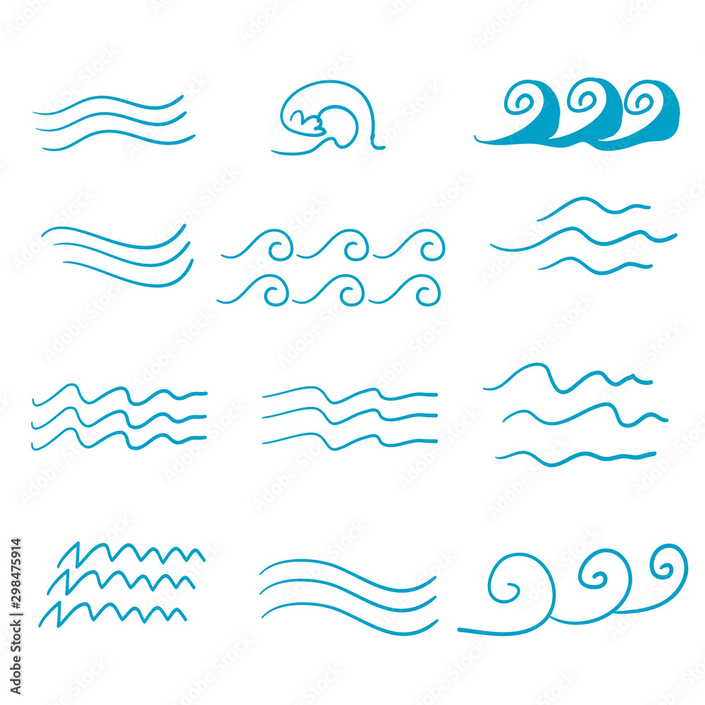 Set of thin line waves vector with handddrawn doodle vector - obrazy, fototapety, plakaty 