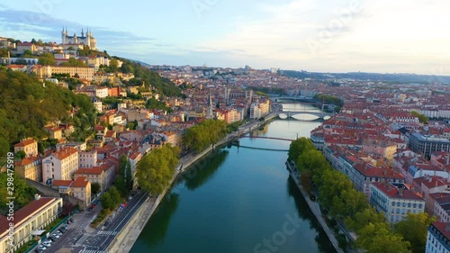 Aerial lyon skyline view from above view of old town.