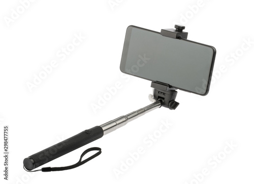 selfie stick with phone isolated without shadow clipping path