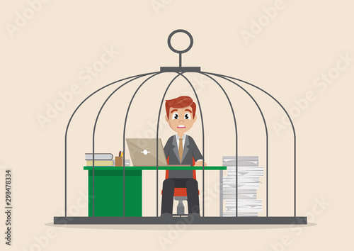 Businessman working hard in birdcage.