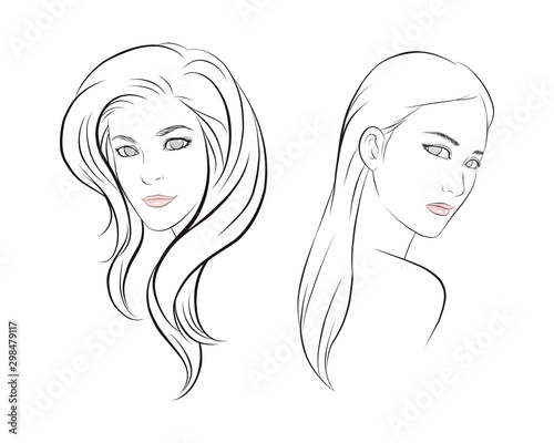 girl face long hair portrait isolated on white background. hand drawn vector illustration