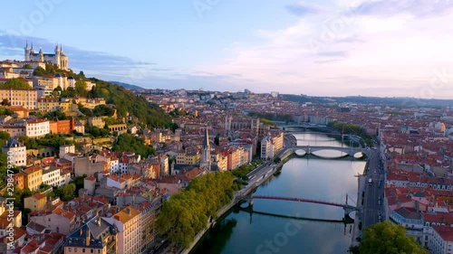 France Lyon skyline drone video from above in 4k. photo