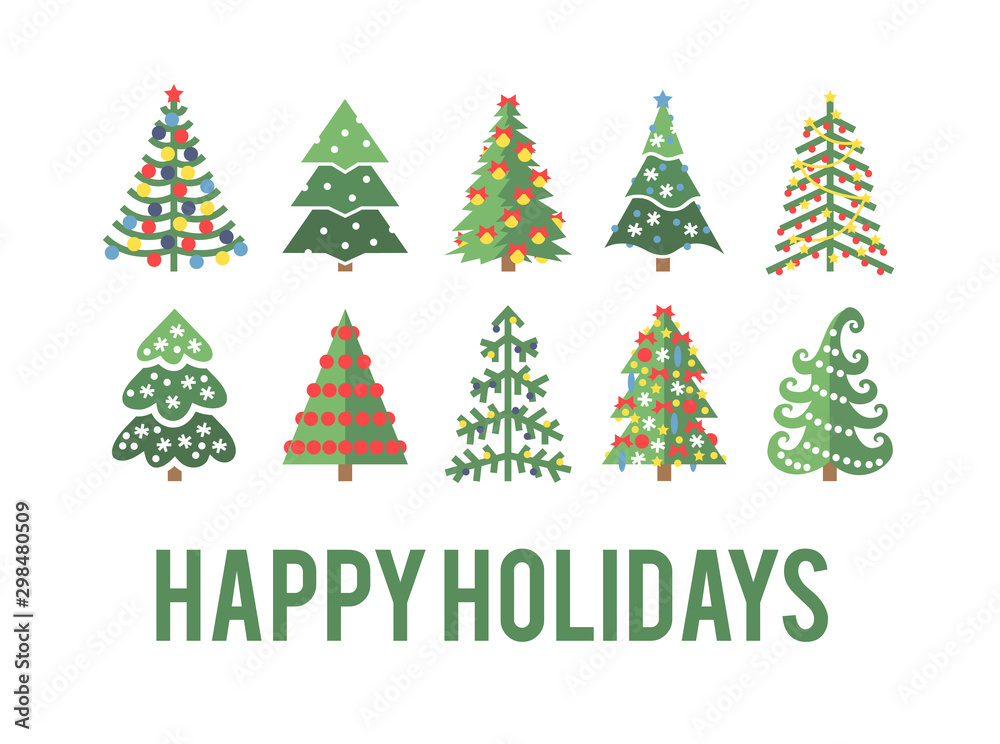 Flat set of Christmas trees. Holidays background. Abstract line art drawing woods. Vector Holidays illustration Flat set of Christmas trees. Holidays background. Abstract line art drawing woods. Vector Holidays illustration