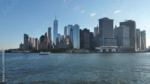 New York Waterfront, Lower Manhattan Cityscape From Ferry Approaching Staten Island Station Slow Motion