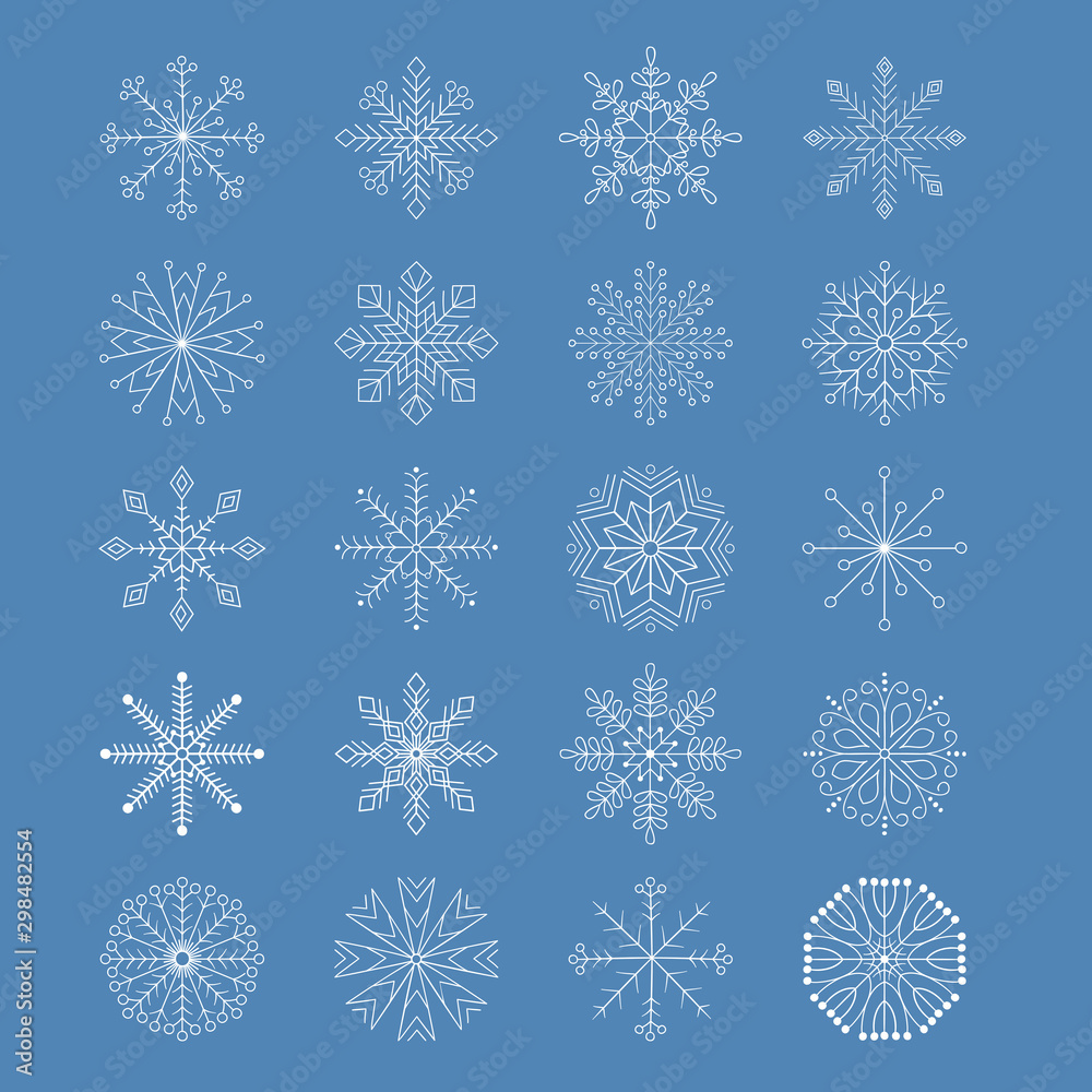 Set of vector white snowflakes on a blue background. Snowflakes set. Set of vector white snowflakes on a blue background. Snowflakes set.