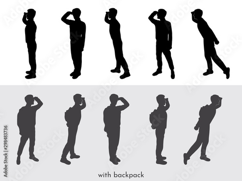 Vector illustration. Tourist silhouettes. The guy looks away. A man with a backpack and binoculars watches by nature. Elements for design invitations, gift cards, flyers and brochures. Male silhouette