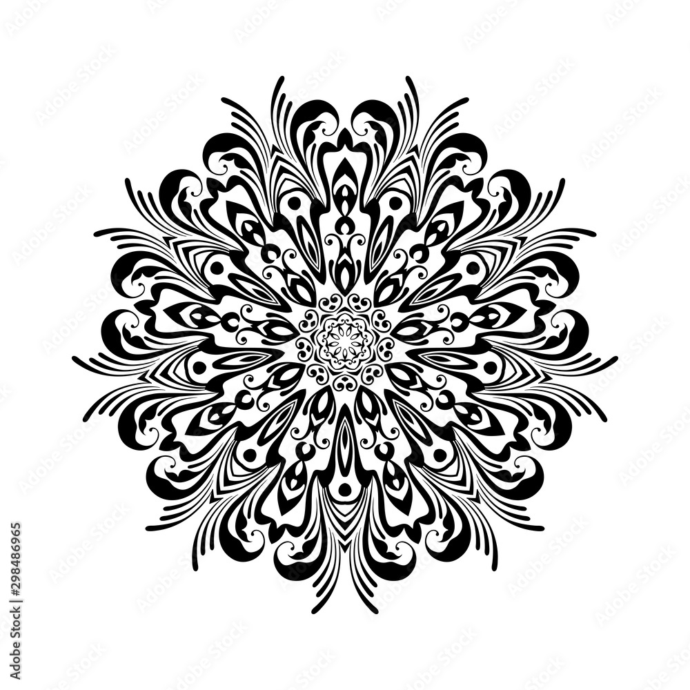 Round black mandala on white isolated background. Decorative ornament in ethnic oriental style. Round black mandala on white isolated background. Decorative ornament in ethnic oriental style.