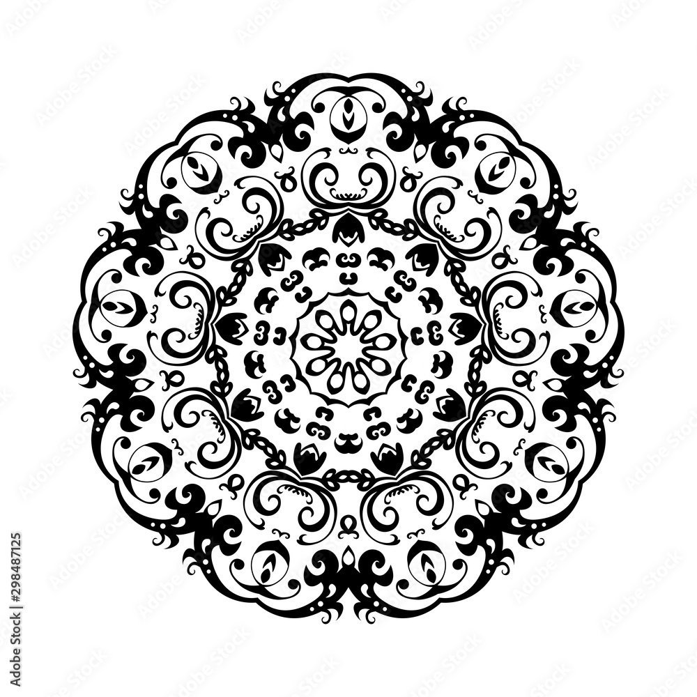 Round black mandala on white isolated background. Decorative ornament in ethnic oriental style.