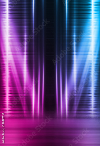 Empty background scene. Dark street reflection on wet asphalt. Rays of neon light in the dark  neon shapes  smoke. Background of an empty stage show. Abstract dark background.