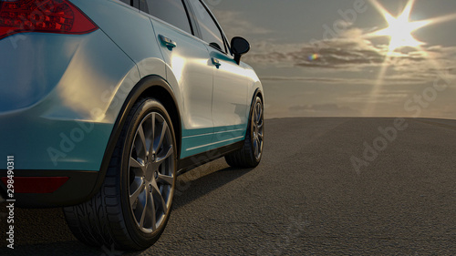 The car 3D sedan is worth on a road 3D rendering. Wheel close-up