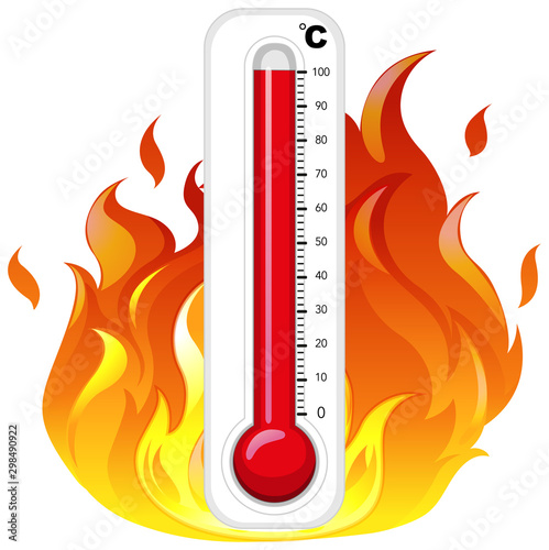 Thermometer on fire on white background