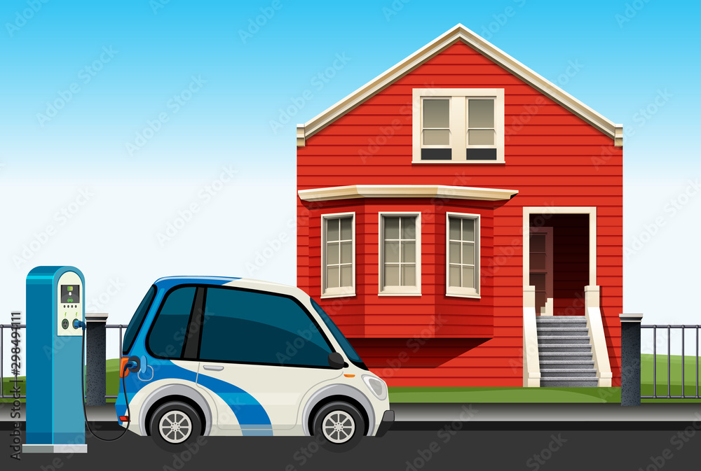 Electric car charging in front of house