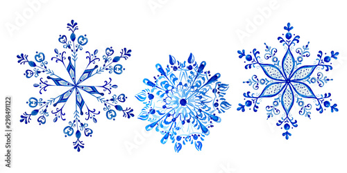 Watercolor Christmass snowflake   blue color  in folk gzhel style. Hand drawn beautifull vintage for greeting, christmas design. Motif. Happy New Year. Elegant lace ornate.  Indigo, cobalt. Poster